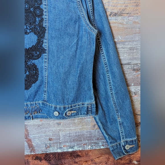 Upcycled Handcrafted Ton Of Detailed Bling Jean Jacket With Black Skull - Picture 14 of 16